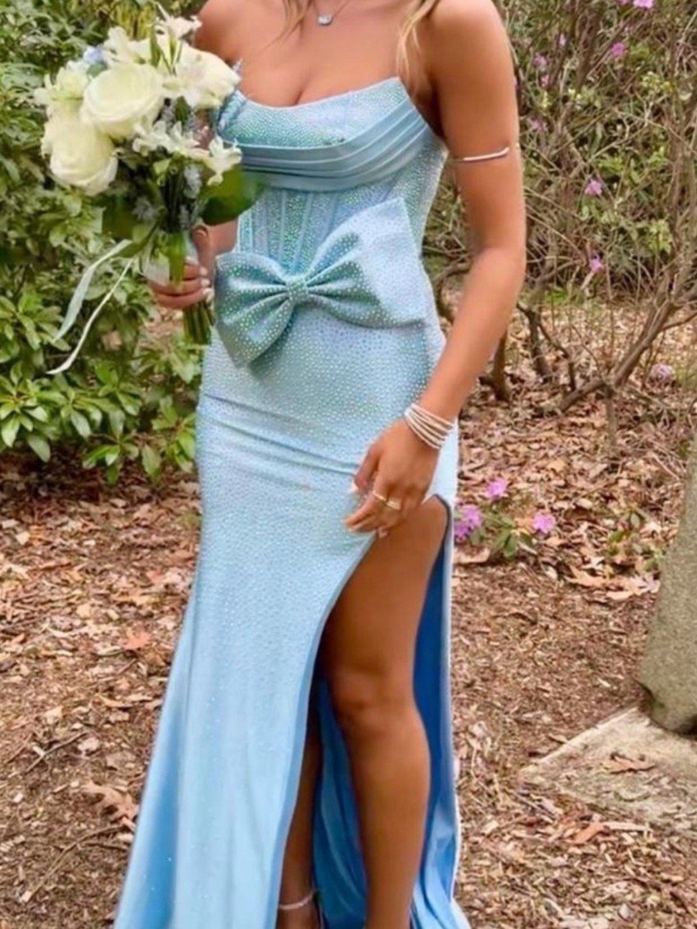 AVA PRESLEY Ice Blue Strapless Dress w/Removable Bow Accent. Prom/Hoco Court